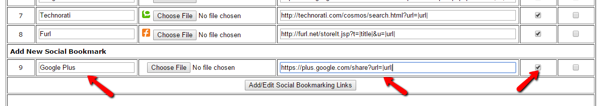 What is the Google Plus code to add to the Social Bookmarks function?