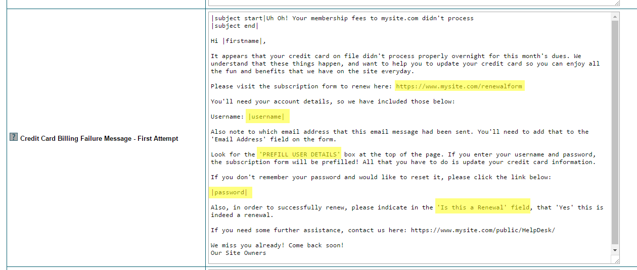 Sample Billing Failure Message Setup