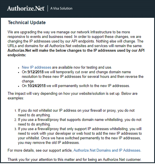 Authorize Net Technical Update - New IP Addresses