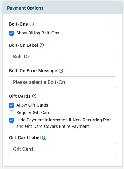 Subscription form gift card payment options