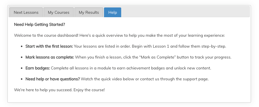 <div>This is an example 'Help' tab that can be added to the LMS Dashboard.</div> This is an example 'Help' tab that can be added to the LMS Dashboard.