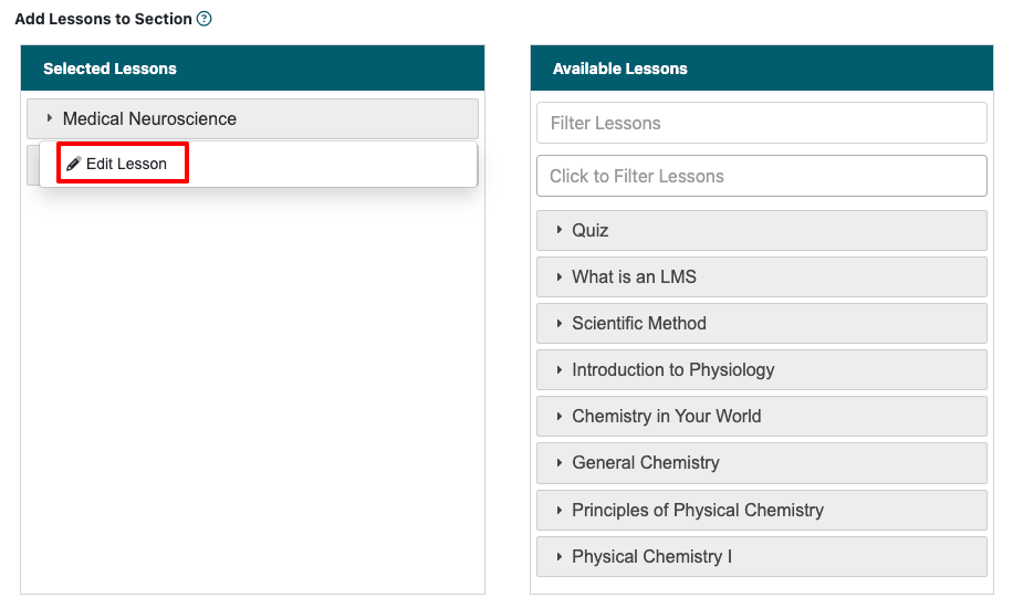This is an example LMS Edit Section Page. Right click on the lesson name and choose 'edit lesson' to visit the edit page for the lesson.
