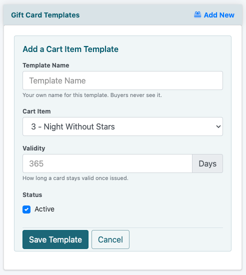 Add a Cart Item gift card template