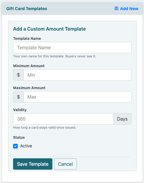 Add a Custom Amount gift card template