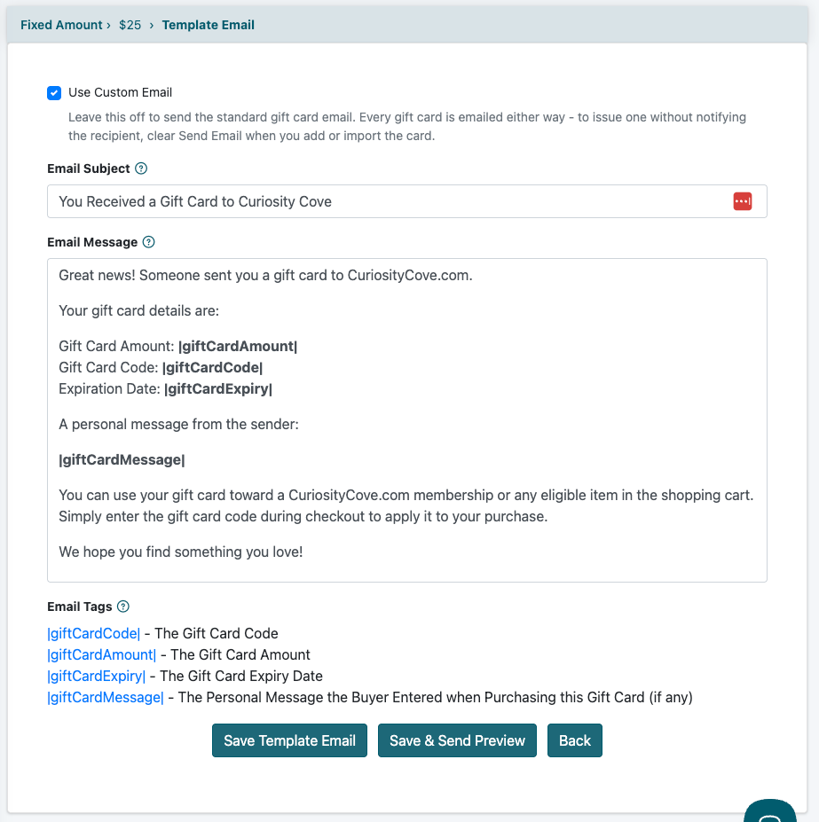 Gift card template email settings