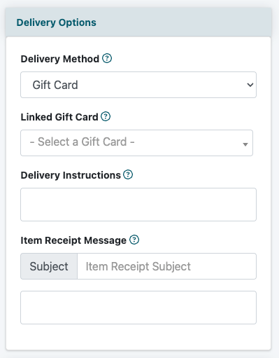 Gift card delivery options in the shopping cart product settings