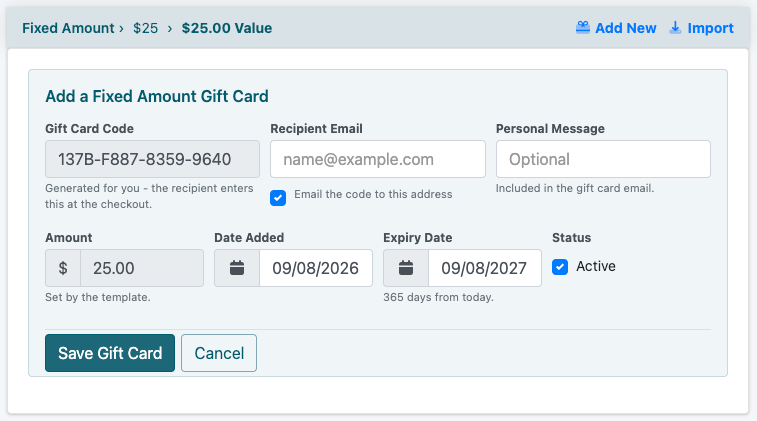 Issued gift cards table