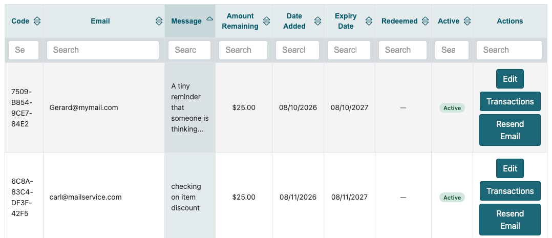 Gift card table with code, email, balance, dates, and actions