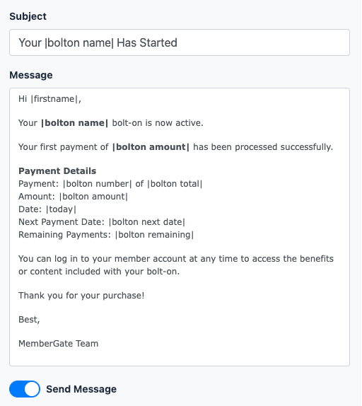 Example Billing Bolt-On notification using Message Tags