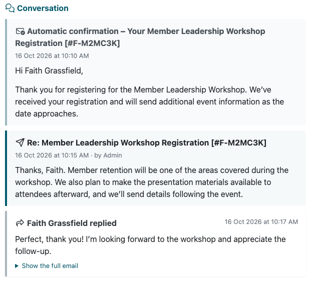 Conversation connected to Faith Grassfield's form submission