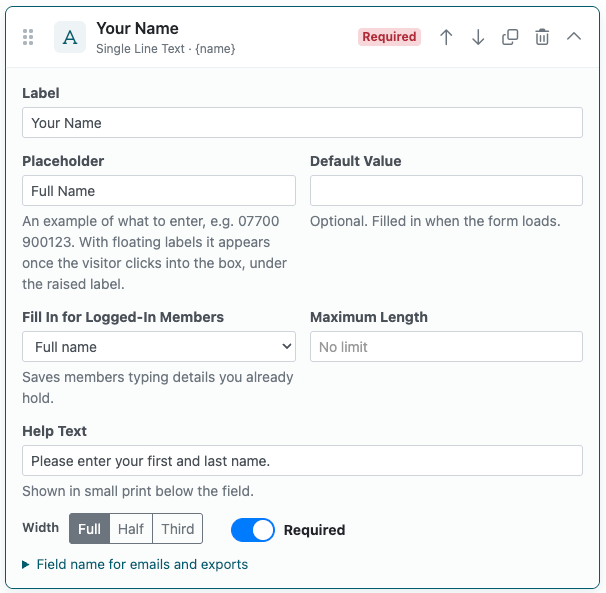 Name field settings in the MemberGate Form Generator