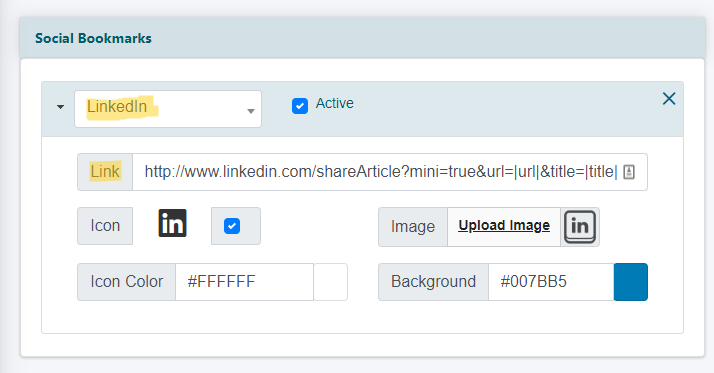 What is the LinkedIN code to add to the Social Bookmarks function?