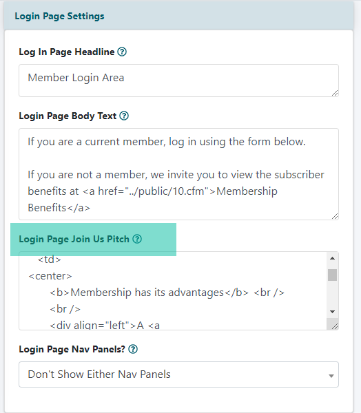 Where can I change the Membership has its Advantages box on the login page?