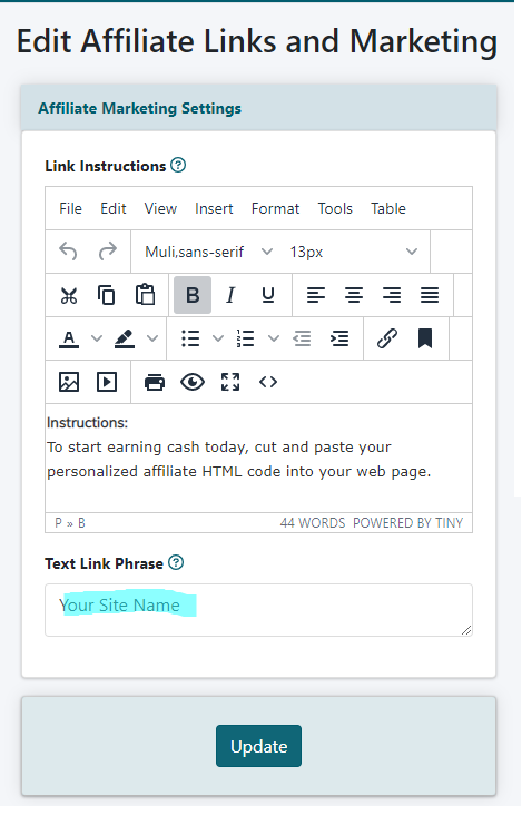 How do I add banners and edit text links for my affiliate program?