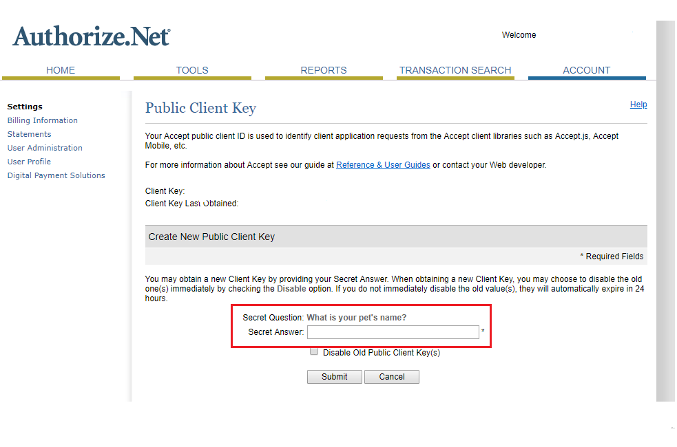 3. Under 'Create New Public Client Key' Answer the Question